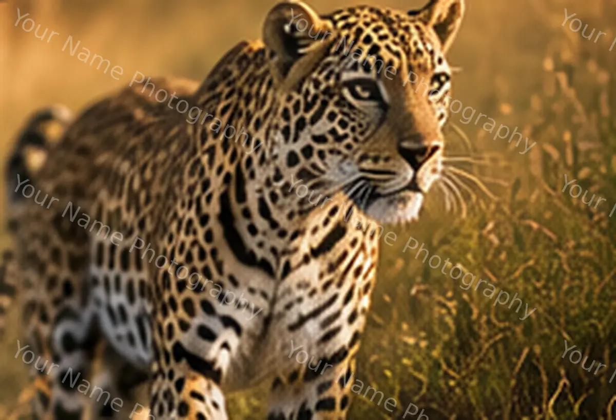 A leopard photograph covered in a repeating 'Your Name Photography' watermark and visibly compressed